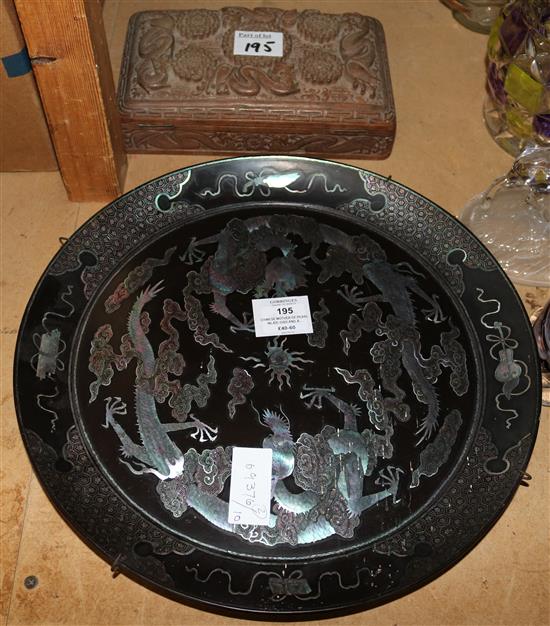 Chinese mother of pearl inlaid dish and a Chinese carved hardwood box (2)